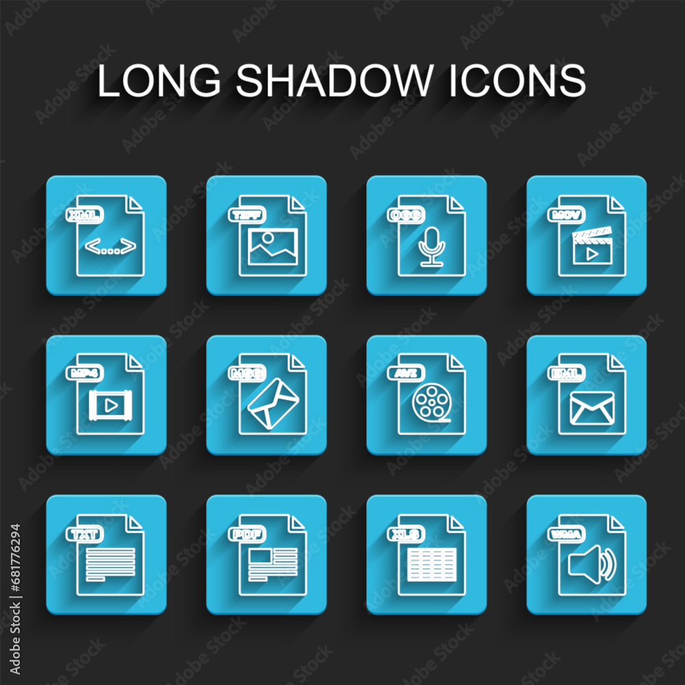 Poster set line txt file document, pdf, xml, xls, wma, msg, eml and avi icon. vector