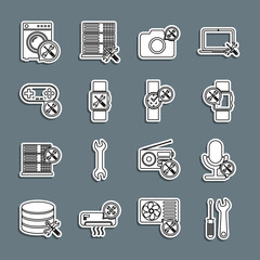 Set line Screwdriver and wrench, Microphone service, Smartwatch, Photo camera, Gamepad, Washer and Wrist icon. Vector