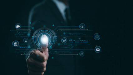 Cybersecurity concept. Businessman using thumb to scan fingerprint or for digital processing biometric identification to access security system including Internet banking, Cloud computing, Big data,