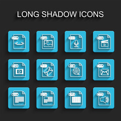 Set line TXT file document, PDF, XML, XLS, WMA, MSG, EML and AVI icon. Vector