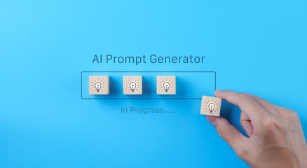AI or Artificial intelligence concept. Hand putting idea light bulb wooden cube on virtual infographic AI prompt generator, Application software in progress on blue background. Prompt generate image,
