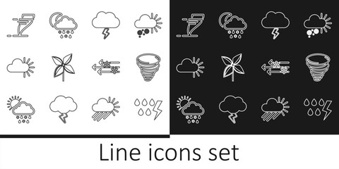 Set line Storm, Tornado, Pinwheel, Cloudy, Wind and snow and with snow, rain, moon icon. Vector