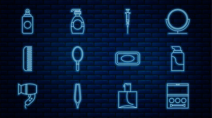 Set line Eye shadow palette, Cream cosmetic tube, Syringe, Hand mirror, Hairbrush, Spray can, Bar of soap and Bottle liquid icon. Vector