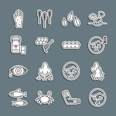Set line Runny nose, Fatigue, Sesame seeds, Honeycomb with honey dipper, Can container for milk, Hand psoriasis eczema and Chicken egg box icon. Vector