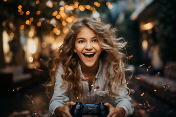 Joyful girl gamer smiles while playing a game on the computer - obrazy, fototapety, plakaty