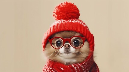 Winter Whimsy: Adorable Animal in a Funny Red Hat. Generative ai