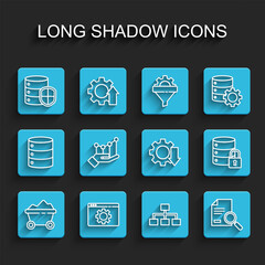 Set line Coal mine trolley, Browser setting, Server with shield, Hierarchy organogram chart, Document search, Pie infographic, security lock and Cost reduction icon. Vector