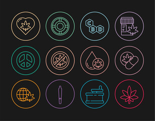 Set line Marijuana or cannabis leaf, Herbal ecstasy tablets, Cannabis molecule, Stop marijuana, Peace, in heart, olive oil and Ashtray icon. Vector