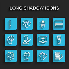 Set line Shield and marijuana leaf, Location, Marijuana joint, Medical pills with, bottle, Glass bong for smoking cannabis, cream and icon. Vector