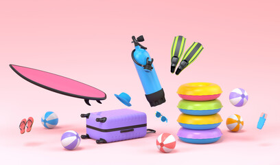 Colorful surfboard, beach rings and balls on pink background.