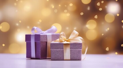 Festive Glow: Lilac and Golden Shiny Gift Boxes with Warm Bokeh Lights. Generative ai