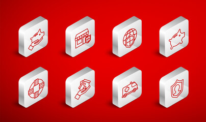 Set line Life insurance with shield, Shopping building, Shield world globe, Piggy bank, Emergency car, House and Lifebuoy icon. Vector
