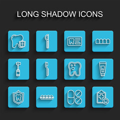 Set line Dental protection, Teeth with braces, Painkiller tablet, card, Toothbrush, Tube of toothpaste and caries icon. Vector