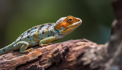 Fototapeta premium Multi colored lizard perching on branch in tropical rainforest habitat generated by AI