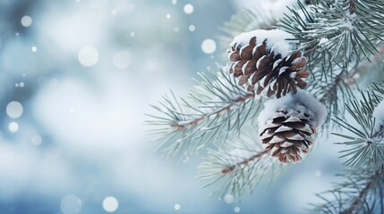 Winter's Whisper: Serene Scene with Snow-Dusted Pine Branches and Gentle Snowfall. Generative ai