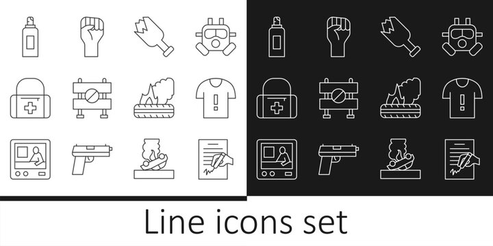 Set line Petition, T-shirt protest, Broken bottle as weapon, Road barrier, First aid kit, Paint spray can, Lying burning tires and Raised hand with clenched fist icon. Vector
