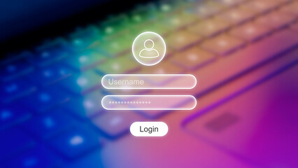 Login UI (User Interface) on top of a laptop keyboard background, technology concept for cyber security and data protection, user authentication and access in digital platforms, username and password	 - obrazy, fototapety, plakaty