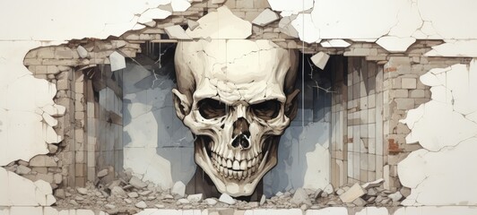 Skull emerging from ruined wall in digital painting