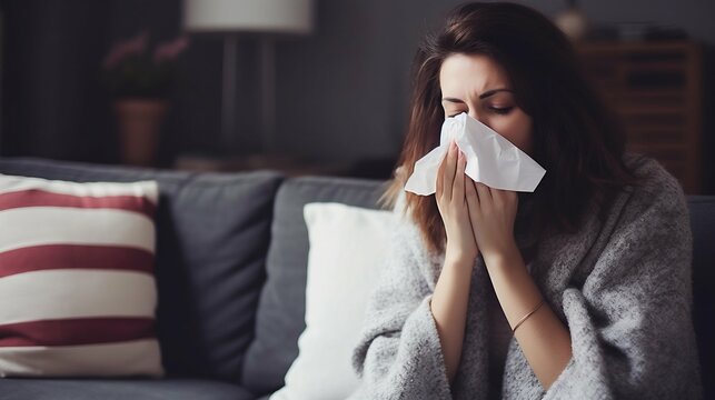 Under the Weather: Sick Woman Blowing Nose While Seated on Home Couch. Generative ai