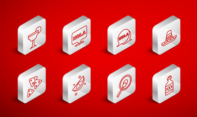 Set line Tequila bottle, Hola, Mexican sombrero, Gong, Margarita cocktail, Sliced lime and Nachos icon. Vector © vector_v