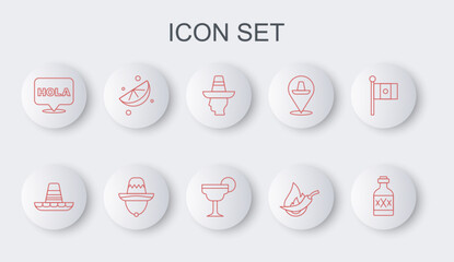 Set line Tequila bottle, Mexican sombrero, man, Hot chili pepper pod, Hola, Sliced lime, and Margarita cocktail icon. Vector © vector_v