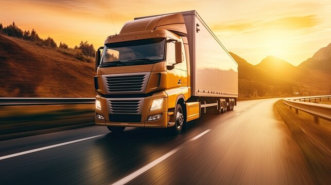 A lone truck drives down the freeway in the sunset light. Trucking and logistics. Illustration for cover, card, postcard, interior design, advertising, marketing or presentation.