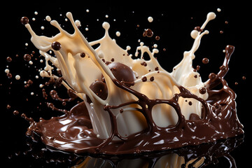 Naklejka premium Bursts and splashes of chocolate and milk on a dark background. Generative AI.