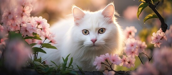 picturesque street, a white cat with mesmerizing eyes peered out from the background of blooming flowers, its cute face framed by the soft light shining through the trees, showcasing the beauty of