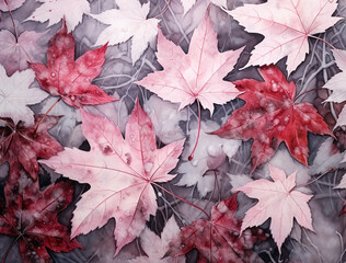Nice macro autumn colorful leaves frosted with ice, cold weather, natural leaves pattern
