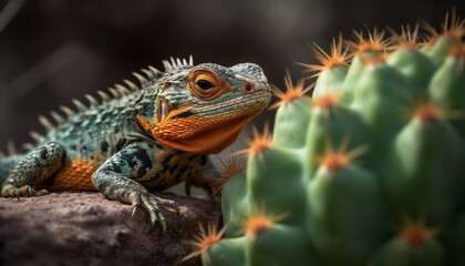 Fototapeta premium Green iguana on branch, scales and spine in focus generated by AI