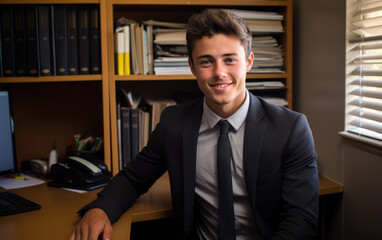 Fototapeta premium A handsome student with a business degree in a small tiny office. Business vibe
