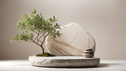 Fototapeta na wymiar Creative idea for cosmetics promotion: 3D rendering of a natural branch using tree shadow and foliage on a rock base