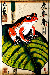 Fototapeta premium japanese-scroll-painting-of-a-content-little-amphibian-nestled-beneath-the-protective-shield-of