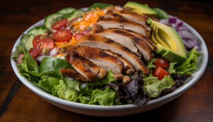 Grilled chicken breast fillet on gourmet Caesar salad plate generated by AI