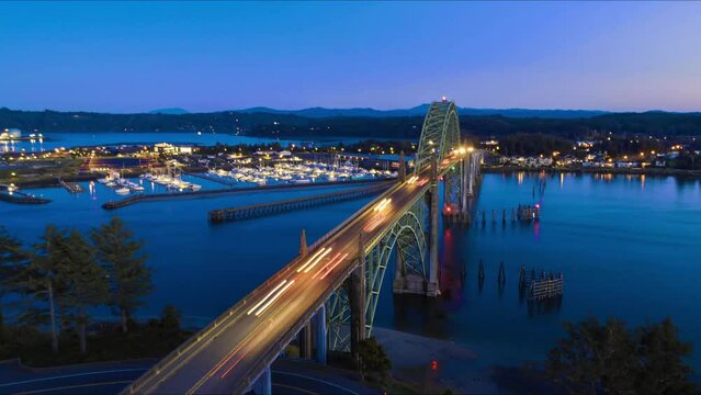 Hyper Lapse reveal of Yaquina Bay Bridge, Newport Oregon. Evening.