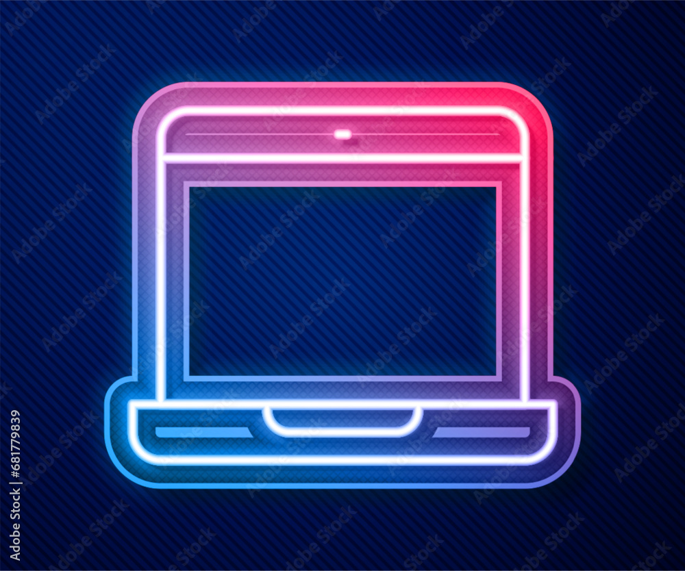 Poster glowing neon line laptop icon isolated on blue background. computer notebook with empty screen sign.