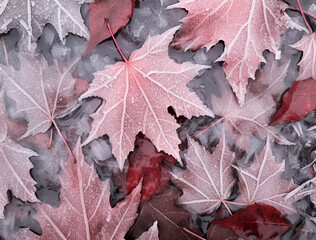 Nice macro autumn colorful leaves frosted with ice, cold weather, natural leaves pattern