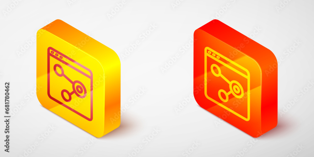 Poster isometric line browser window icon isolated on grey background. yellow and orange square button. vec