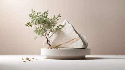 Fototapeta na wymiar Creative idea for cosmetics promotion: 3D rendering of a natural branch using tree shadow and foliage on a rock base