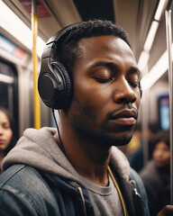 portrait of a black man with his eyes closed wearing headphones on a subway in the city