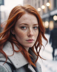 portrait of a woman with red hair on a city street in winter