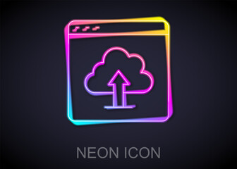 Glowing neon line Cloud upload icon isolated on black background. Vector