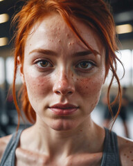 portrait of a woman working out, sweating, red hair, freckles