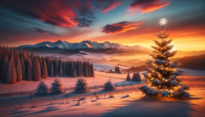 Evening Christmas landscape in rural countryside with lonely Christmas tree on the hill decorated with garland and a snowflake on top