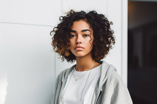 Woman with curly hair stands confidently in front of wall. This versatile image can be used in various contexts