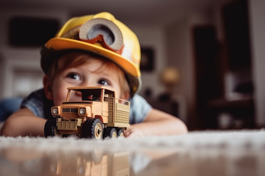Young boy wearing construction hat playing with toy truck. This image can be used to depict imaginative play, childhood activities, or construction-themed projects