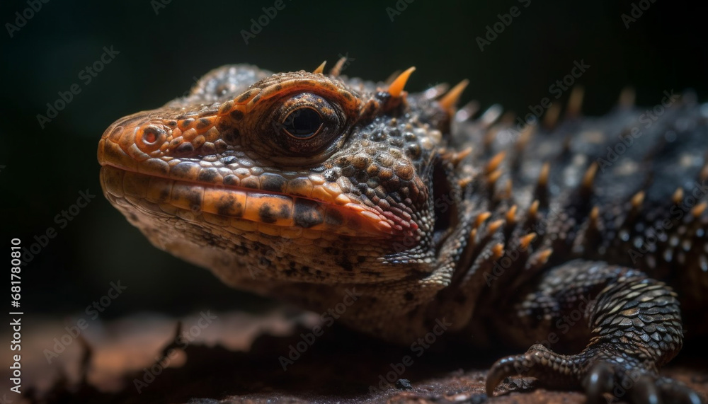 Poster lizard scales patterned in multi colored hues crawl on forest branch generated by ai
