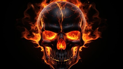 Fiery Human Skull Airbrush Tattoo on Black Background for Halloween Dark Designs.