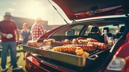 Vibrant Group of Football Fans Enjoying BBQ Tailgate Party in Stadium Parking Lot