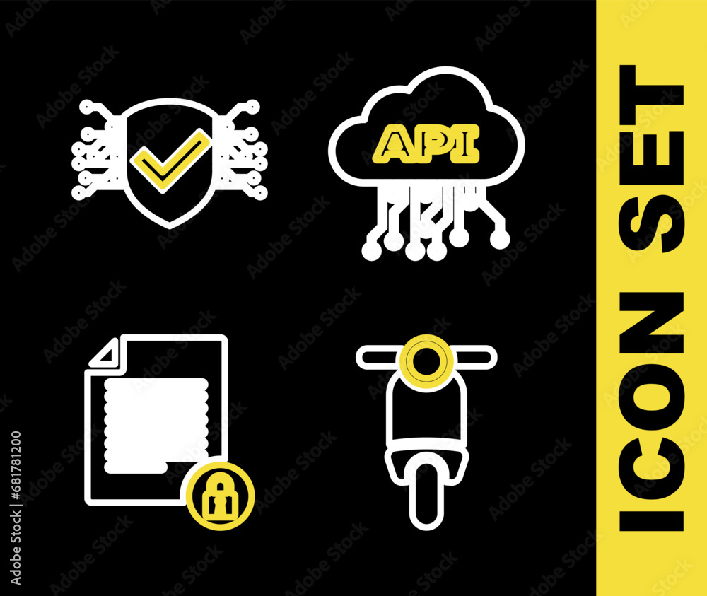 Poster set line cloud api interface, scooter, document and lock and cyber security icon. vector